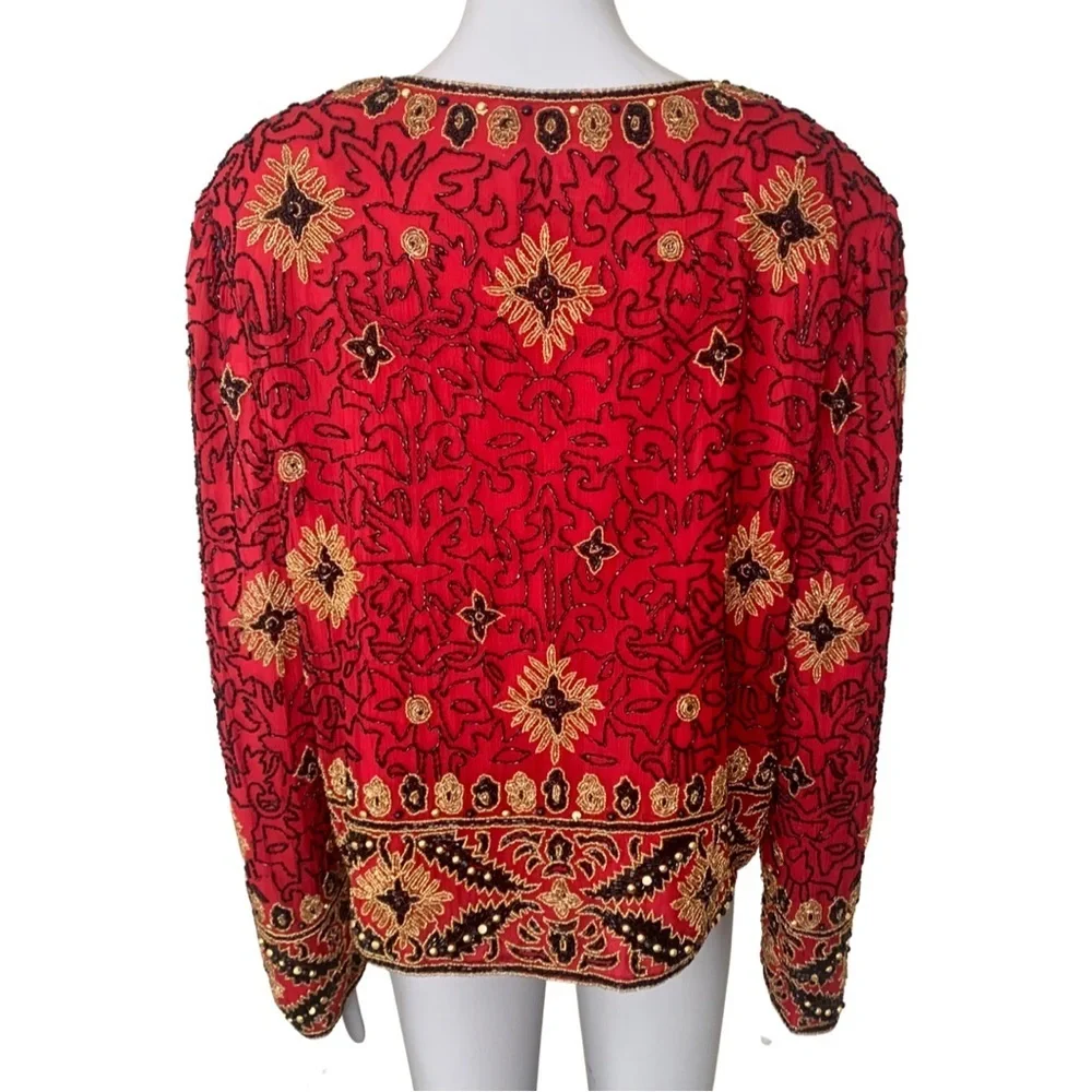 Adrianna Papell Boutique Evening Jacket Vintage 90’s Silk Beaded Red Gold 12 - Picture 11 of 16